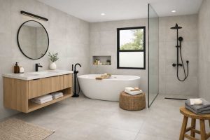 bathroom with natural stone honed finish
