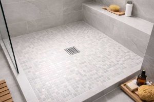 shower floor with natural stone tiles gray color