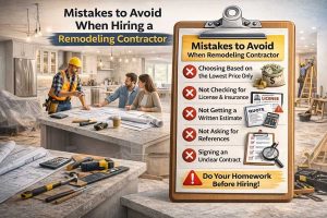 Contractor installing siding and worker building a wooden deck, showing exterior remodeling in progress.