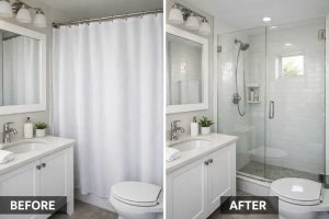 Shower curtain vs clear glass door comparison in small bathroom