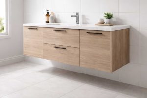 Floating bathroom vanity showing floor space underneath