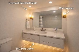 Layered lighting design in small bathroom with multiple light sources