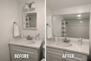 Small vs large mirror comparison in bathroom - visual impact