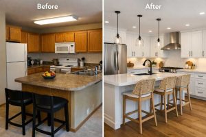 Kitchen renovation side by side with new cabinets and layout upgrade