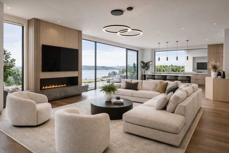 Modern living room makeover in Medina with lake view featuring open space design, luxury finishes, and expansive scenic windows