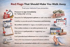 Red flags infographic for hiring a remodeling contractor with warning icons and checklist
