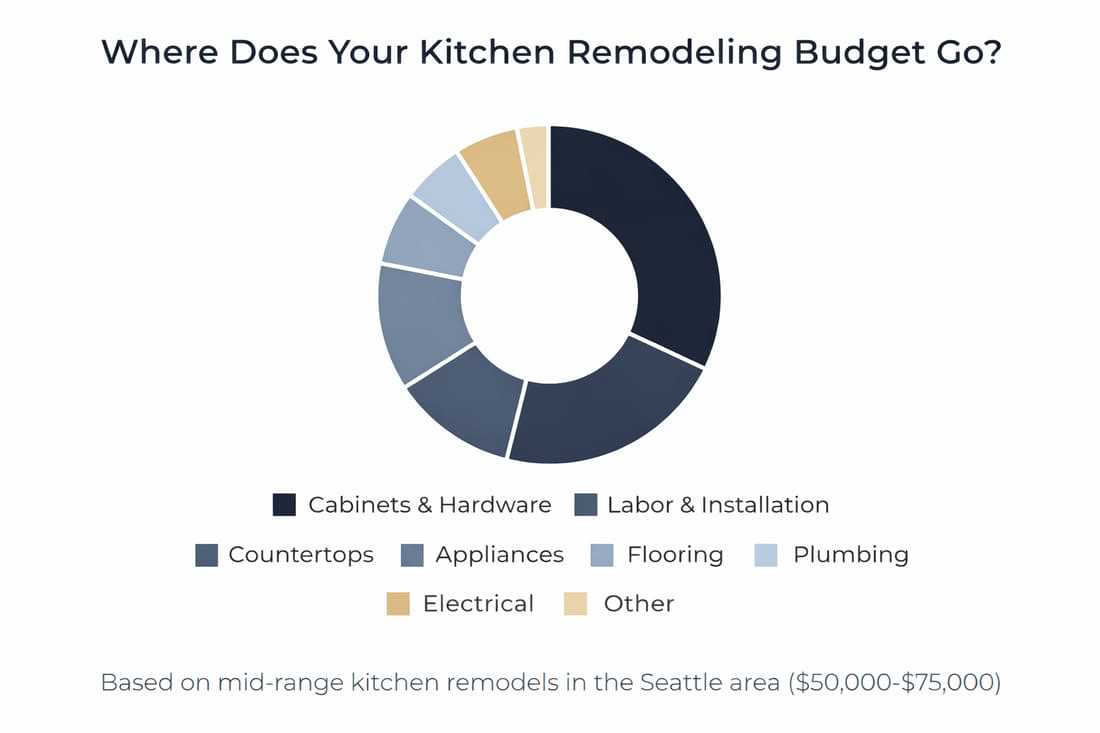 Kitchen remodel budget donut chart showing cost percentages by category.